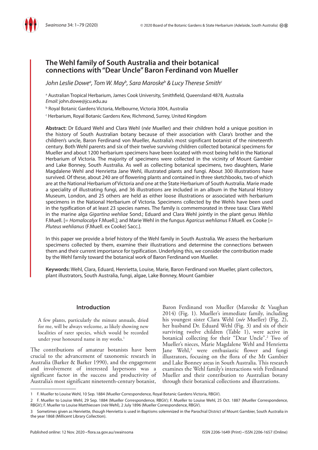 The Wehl Family of South Australia and Their Botanical Connections with “Dear Uncle” Baron Ferdinand Von Mueller John Leslie Dowea, Tom W