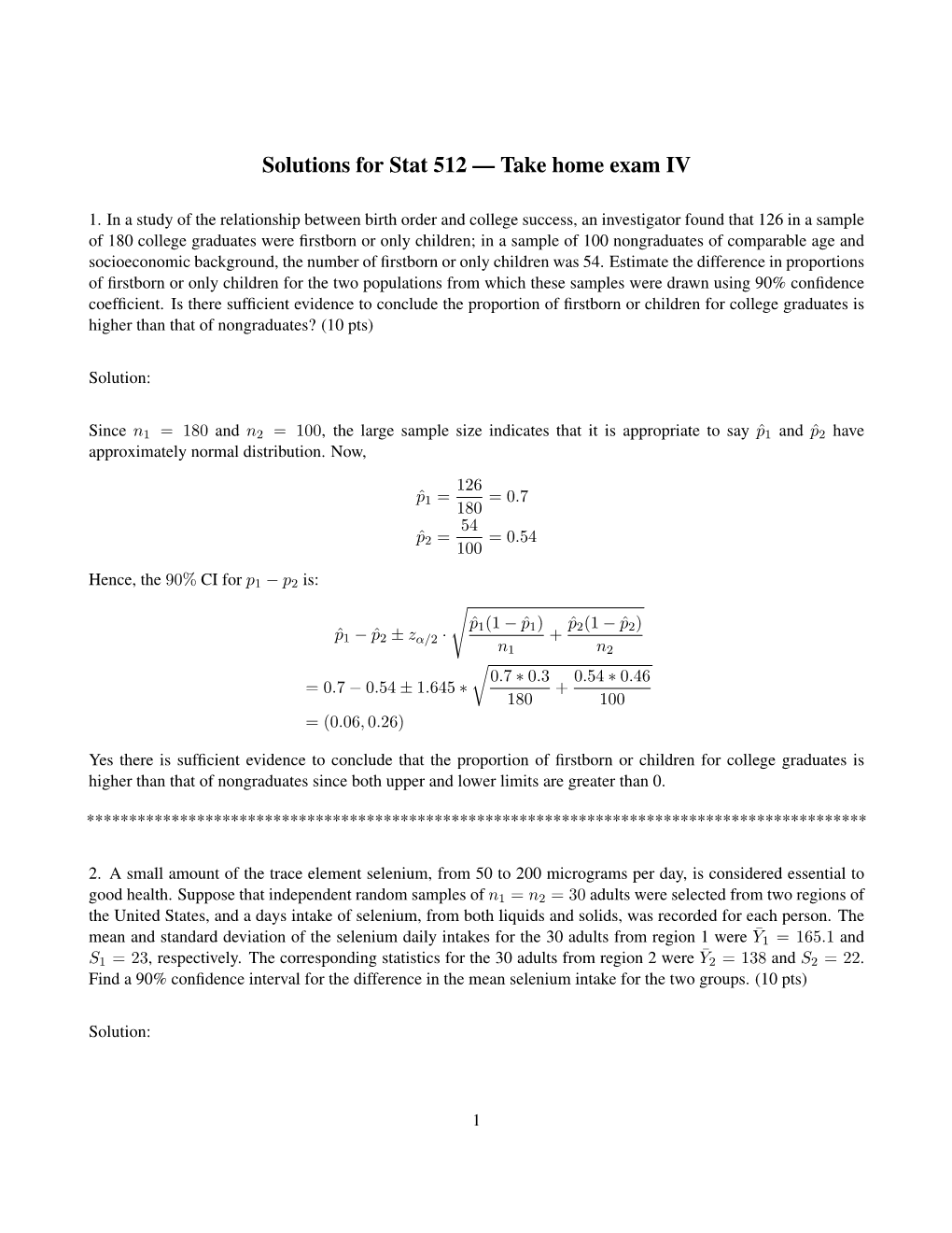 Solutions for Stat 512 — Take Home Exam IV