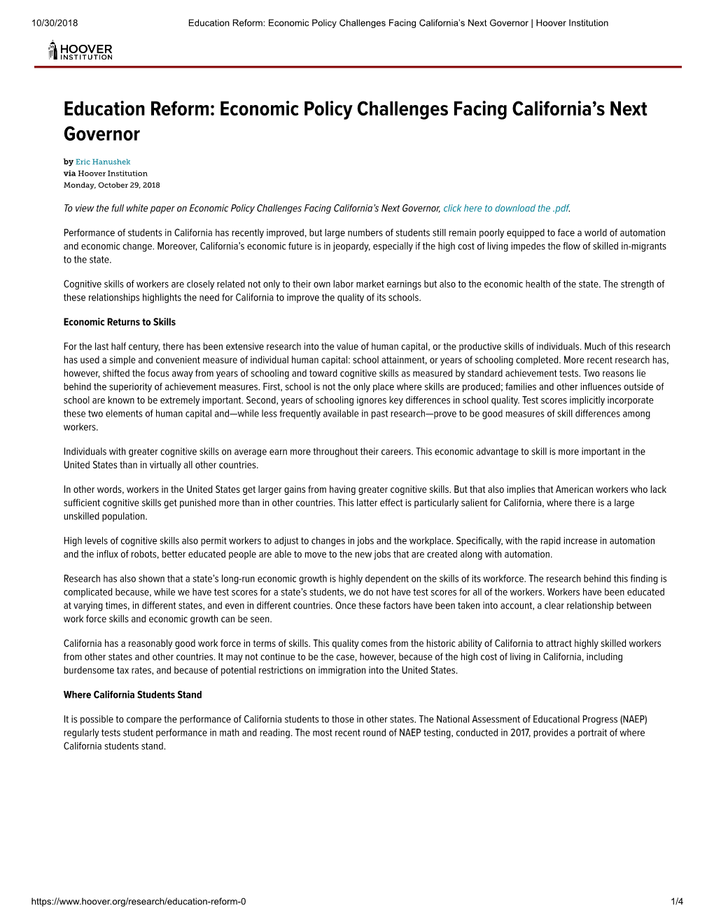 Education Reform: Economic Policy Challenges Facing California's Next