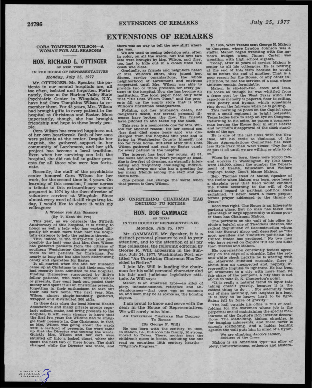 EXTENSIONS of REMARKS July 25, 1 U77 EXTENSIONS of REMARKS CORA TOMPKINS WILSON-A There Was No Way to Tell the New Shift Where in 1934, West Texans Sent George H