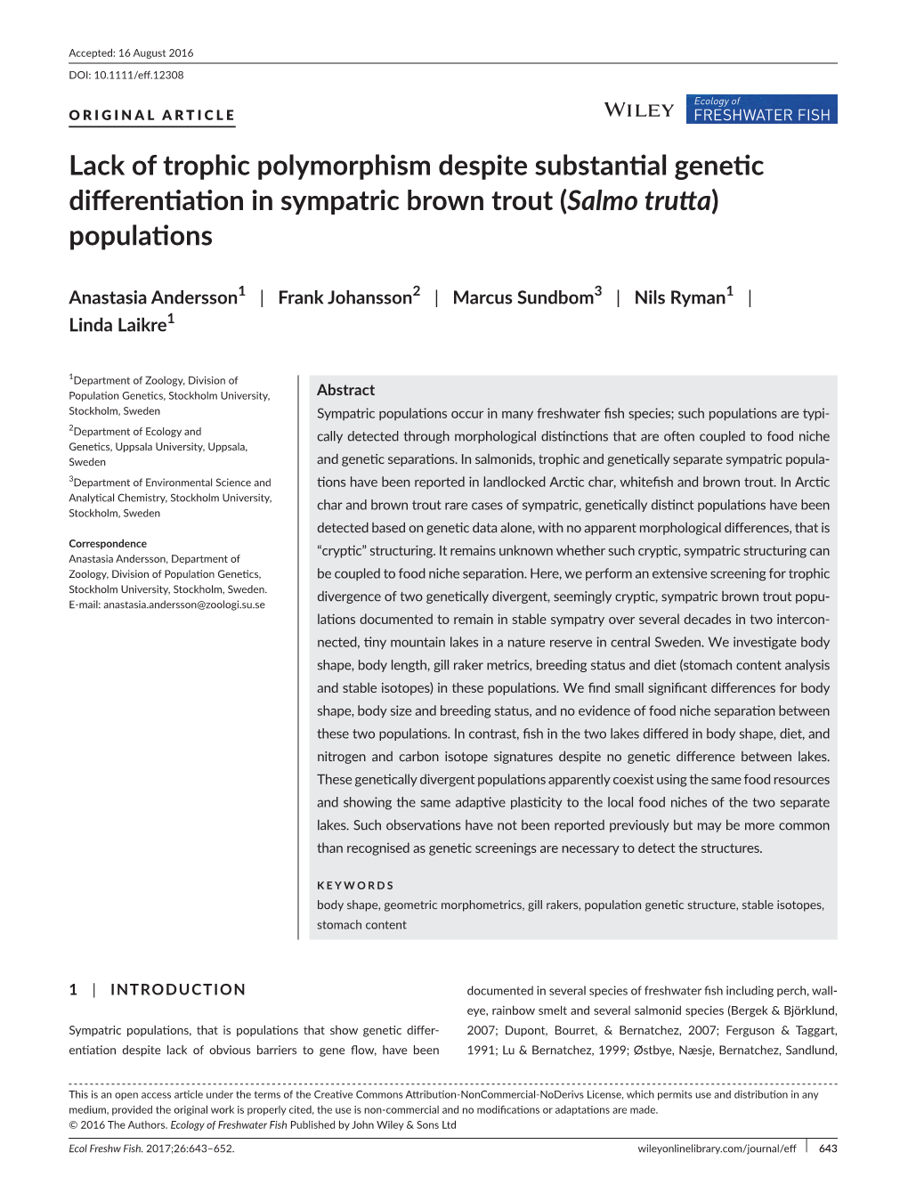 Lack of Trophic Polymorphism Despite Substantial Genetic Differentiation in Sympatric Brown Trout (Salmo Trutta) Populations