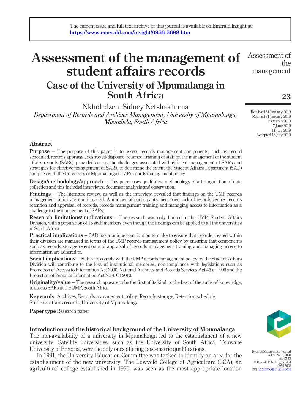 Assessment of the Management of Student Affairs Records