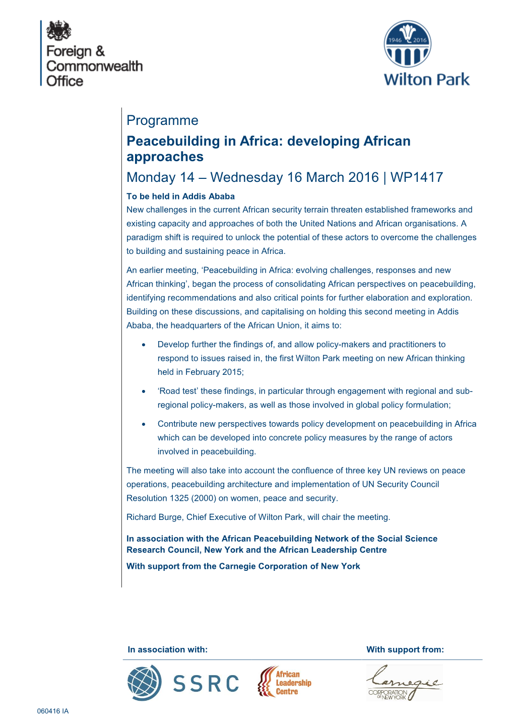Wilton Park Meeting on New African Thinking Held in February 2015;