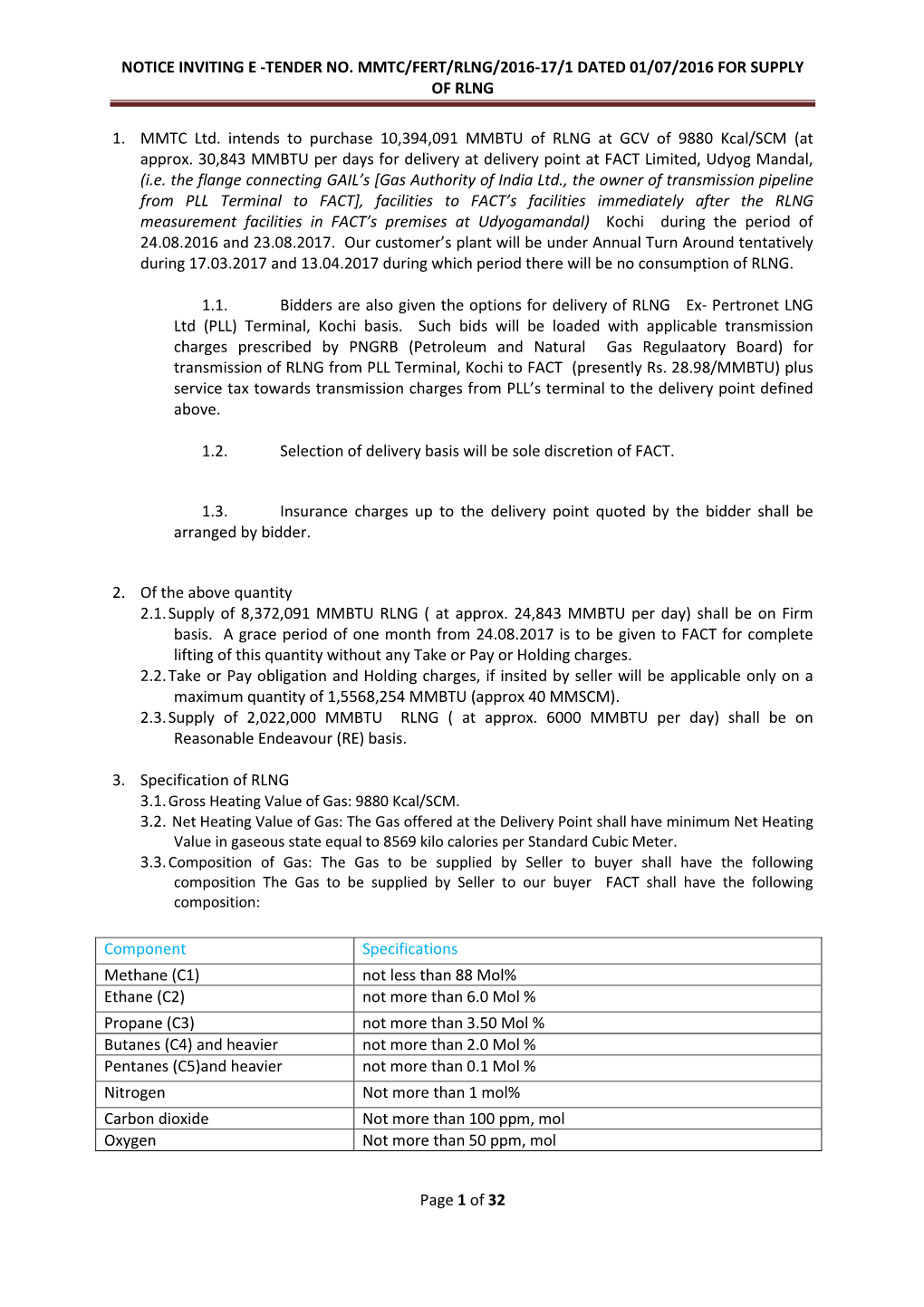 Notice Inviting E -Tender No. Mmtc/Fert/Rlng/2016-17/1 Dated 01/07/2016 for Supply of Rlng