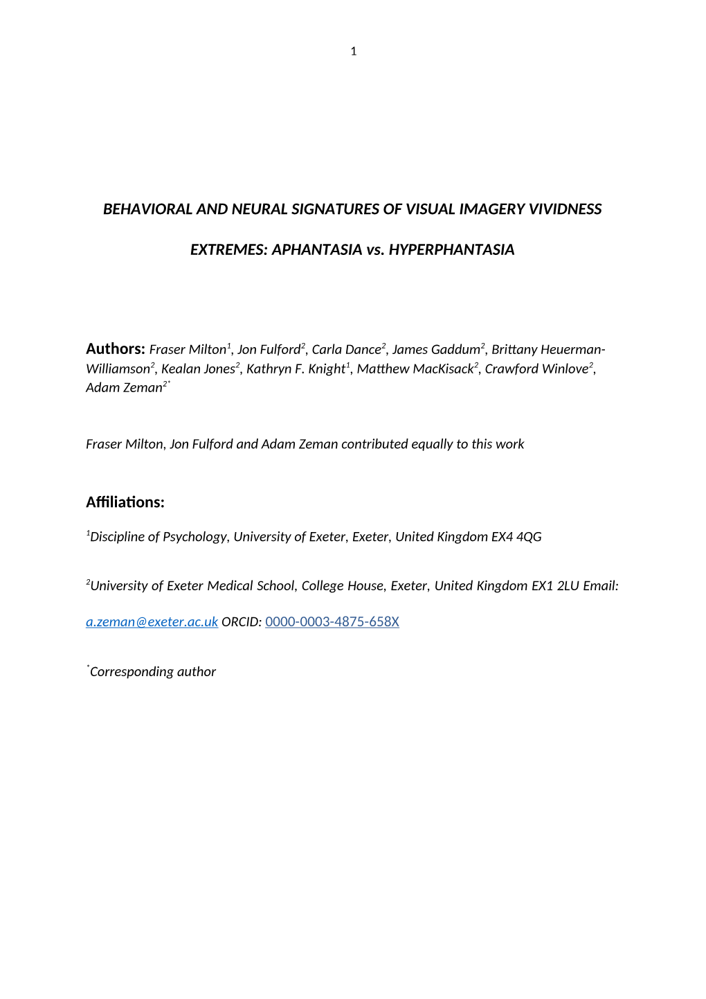 APHANTASIA Vs. HYPERPHANTASIA Affiliations