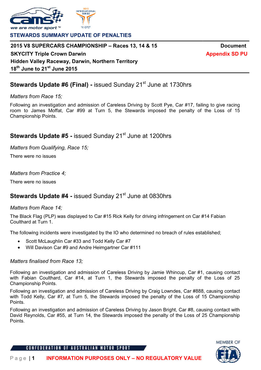 Stewards Update #6 (Final) - Issued Sunday 21St June at 1730Hrs