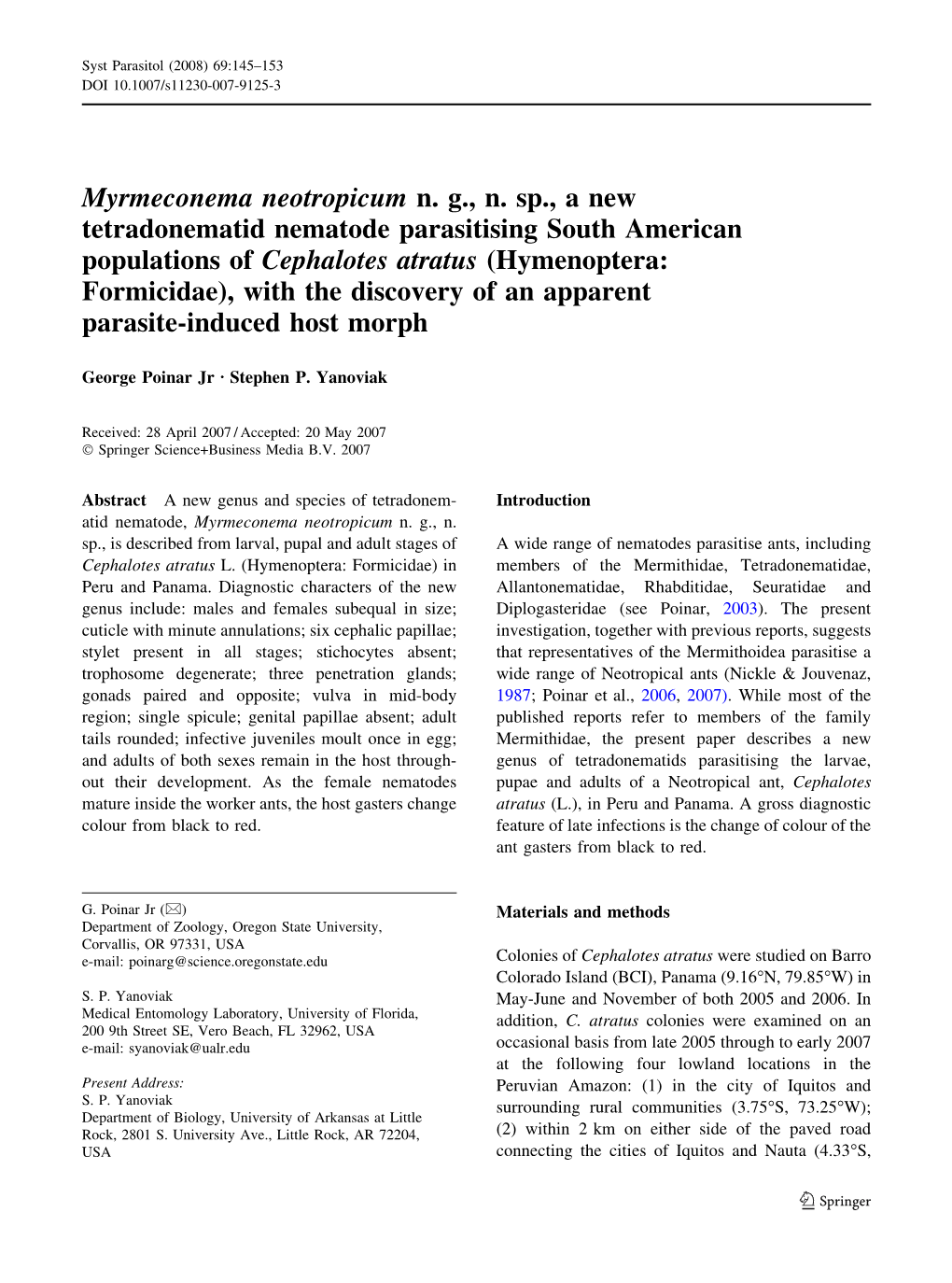 Myrmeconema Neotropicum N. G., N. Sp., a New Tetradonematid