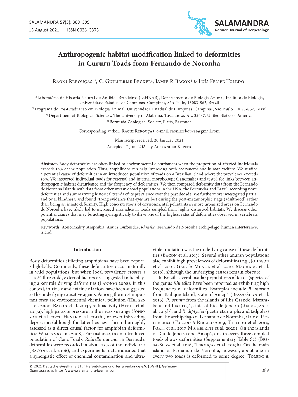 Anthropogenic Habitat Modification Linked to Deformities in Cururu Toads from Fernando De Noronha