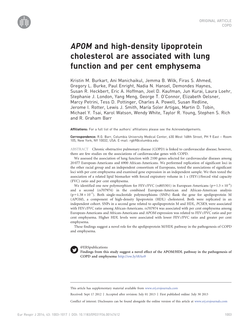 APOM and High-Density Lipoprotein Cholesterol Are Associated with Lung Function and Per Cent Emphysema