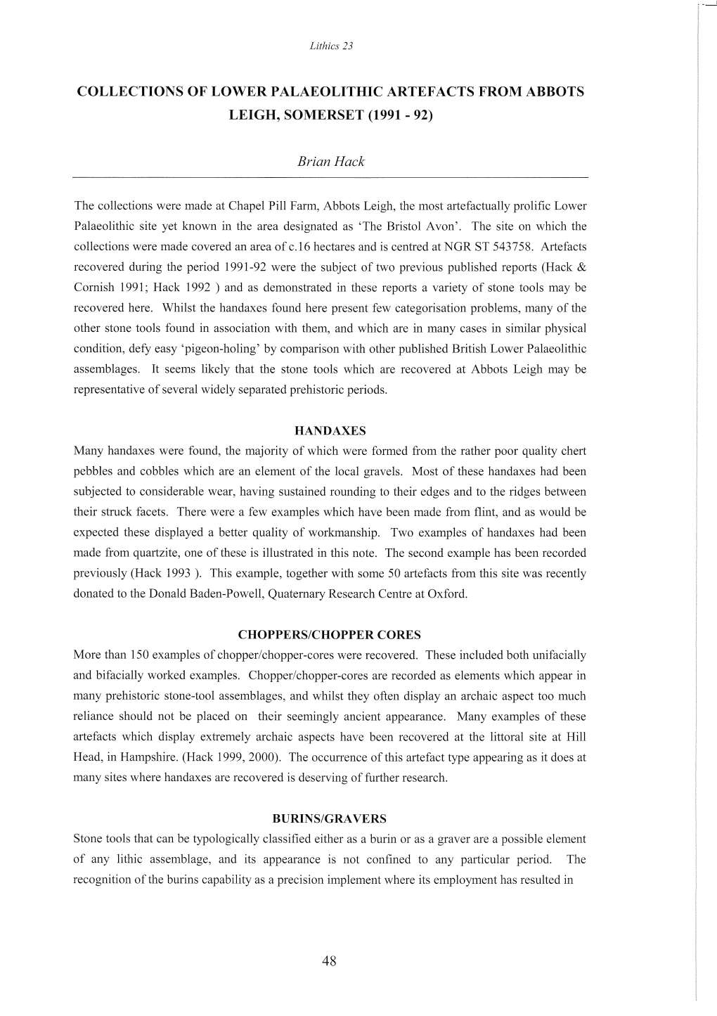 Collections of Lower Palaeolithic Artefacts from Abbots Leigh, Somerset (1991 - 92)