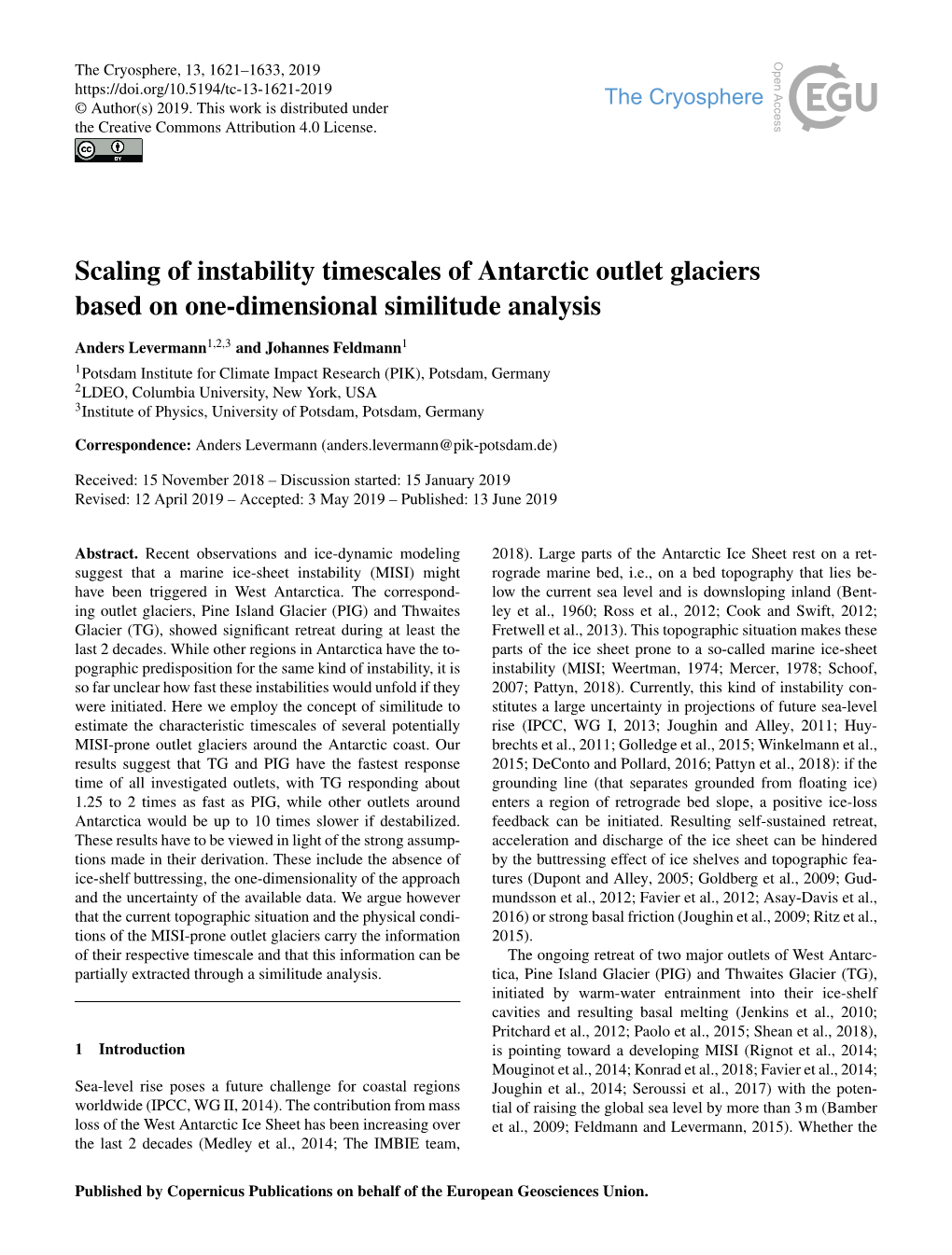 Scaling of Instability Timescales of Antarctic Outlet Glaciers Based on One-Dimensional Similitude Analysis