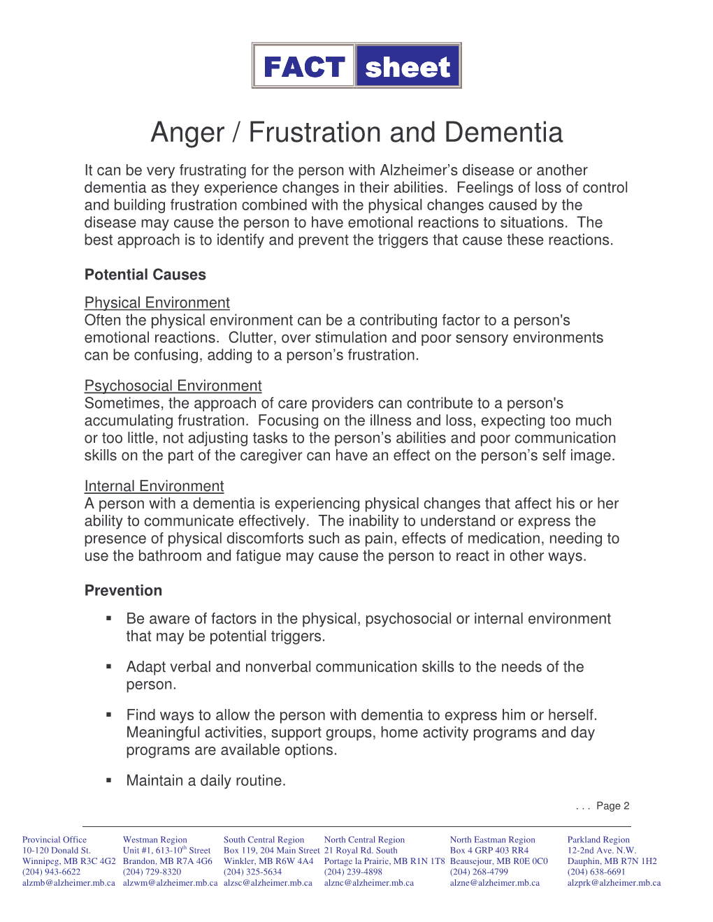 FACT Sheet Anger / Frustration and Dementia