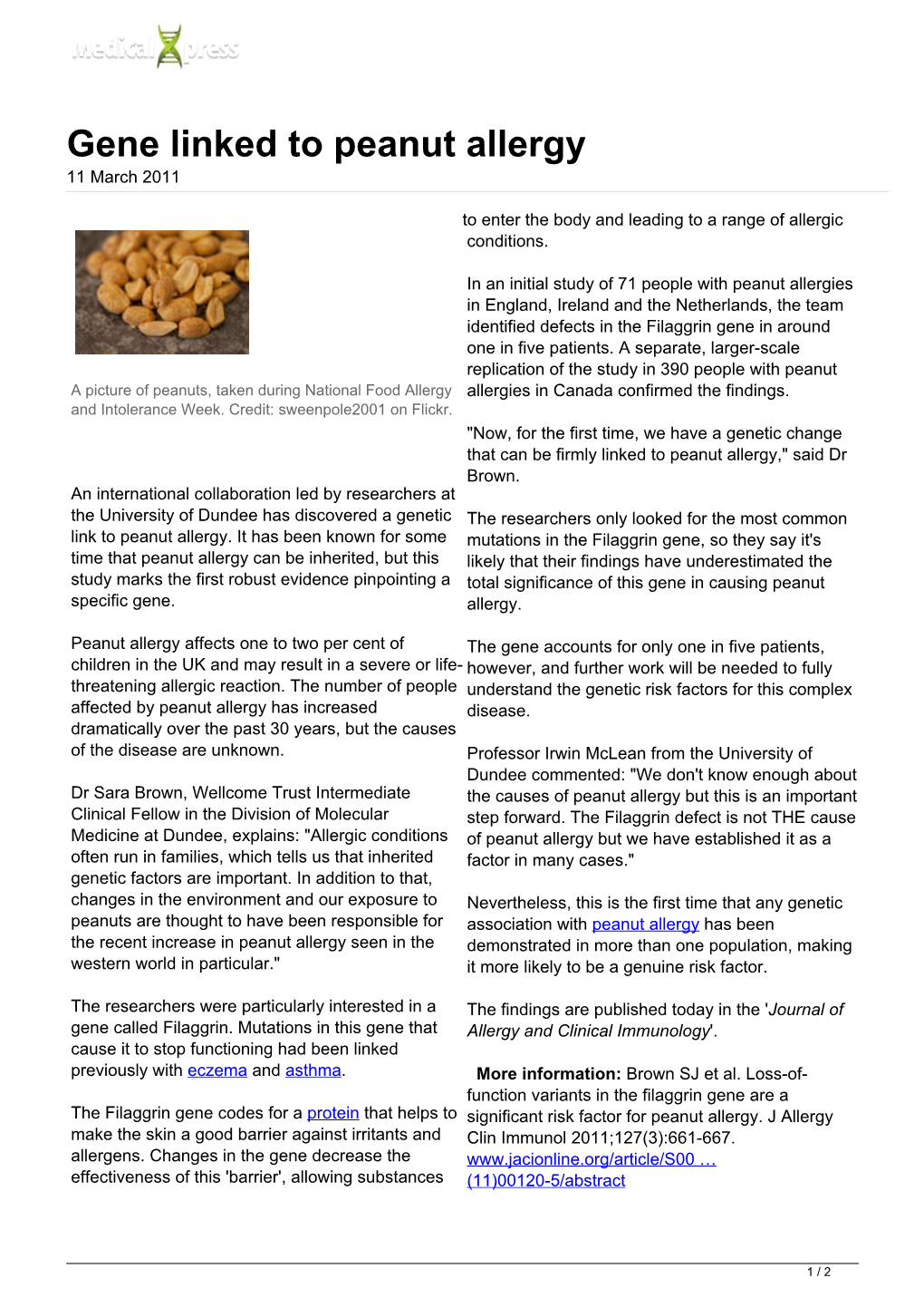 Gene Linked to Peanut Allergy 11 March 2011