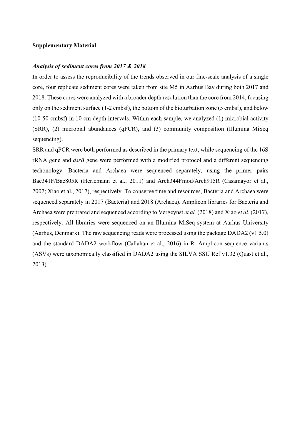 Supplementary Material Analysis of Sediment Cores from 2017 & 2018