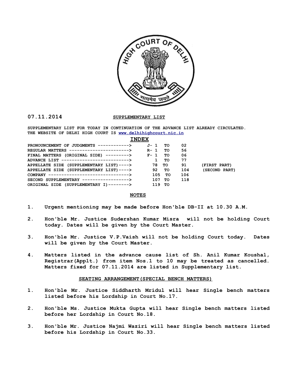 NOTES 1. Urgent Mentioning May Be Made Before Hon'ble DB-II at 10.30 A.M. 2. Hon'ble Mr. Justice Sudershan Kumar Misra Will