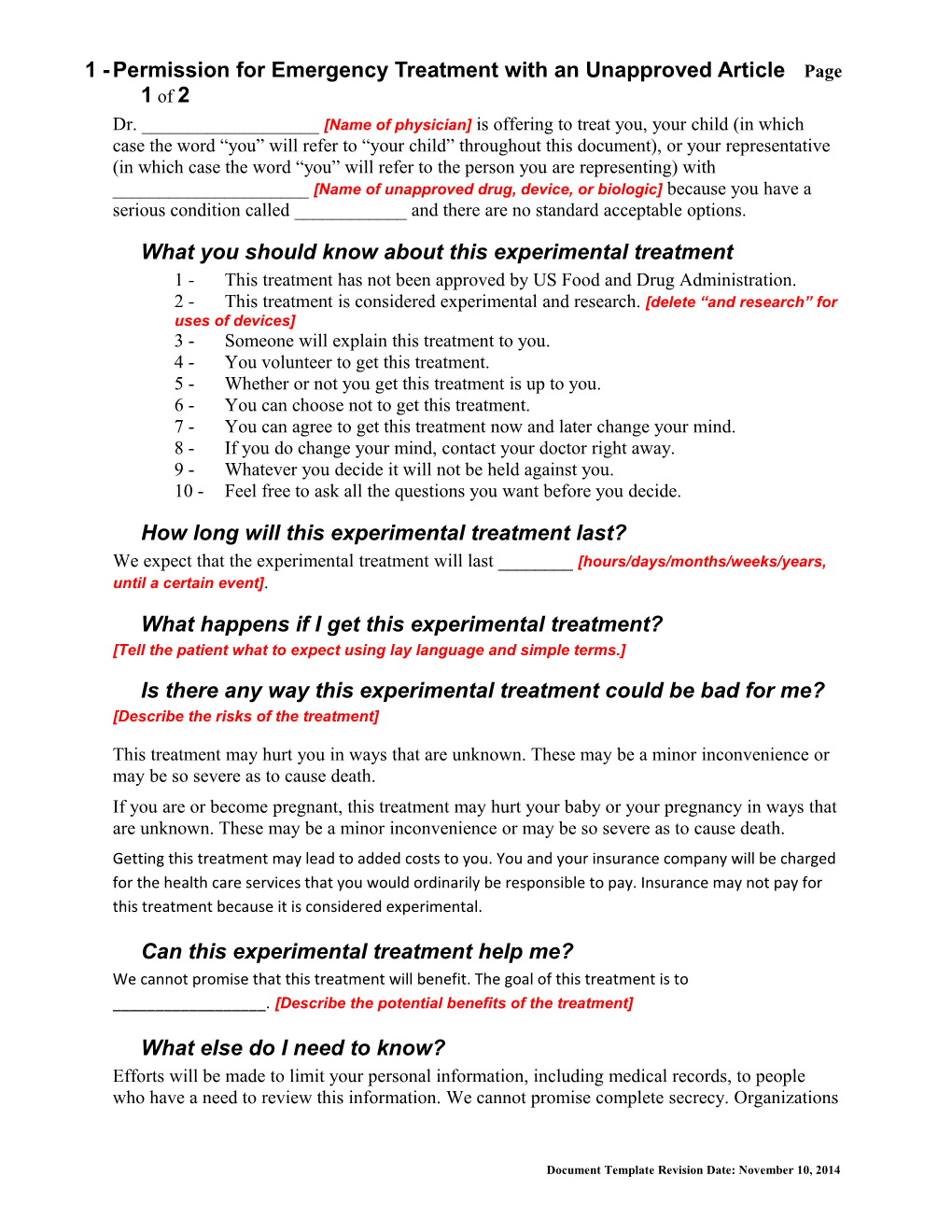 Permission for Emergency Treatment with an Unapproved Article Page 2 of 2