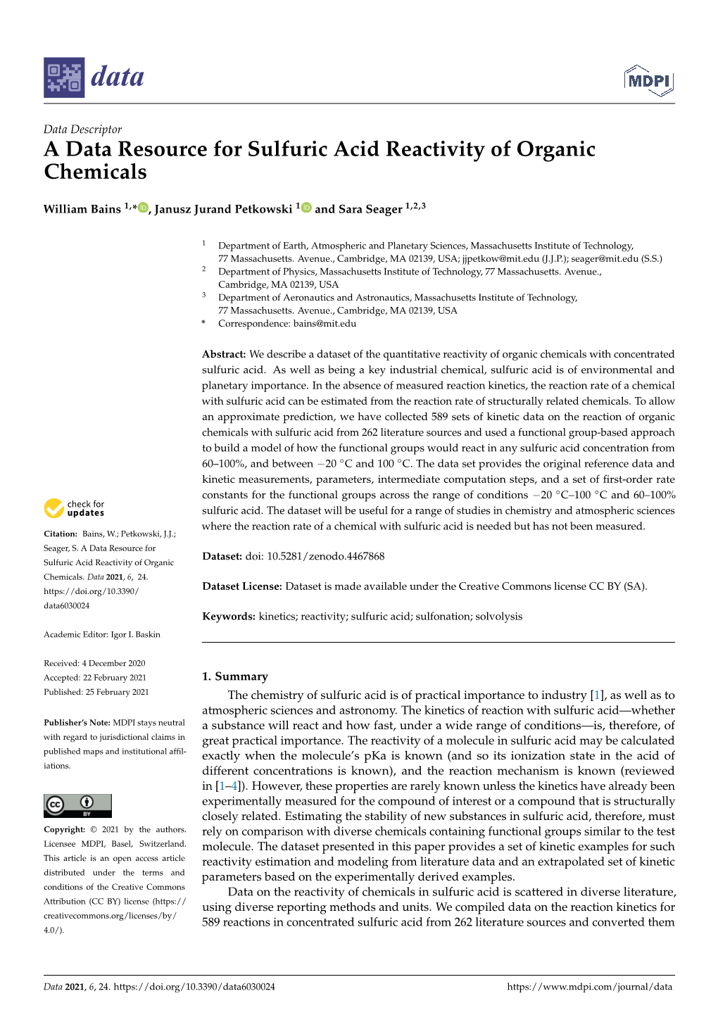 A Data Resource for Sulfuric Acid Reactivity of Organic Chemicals