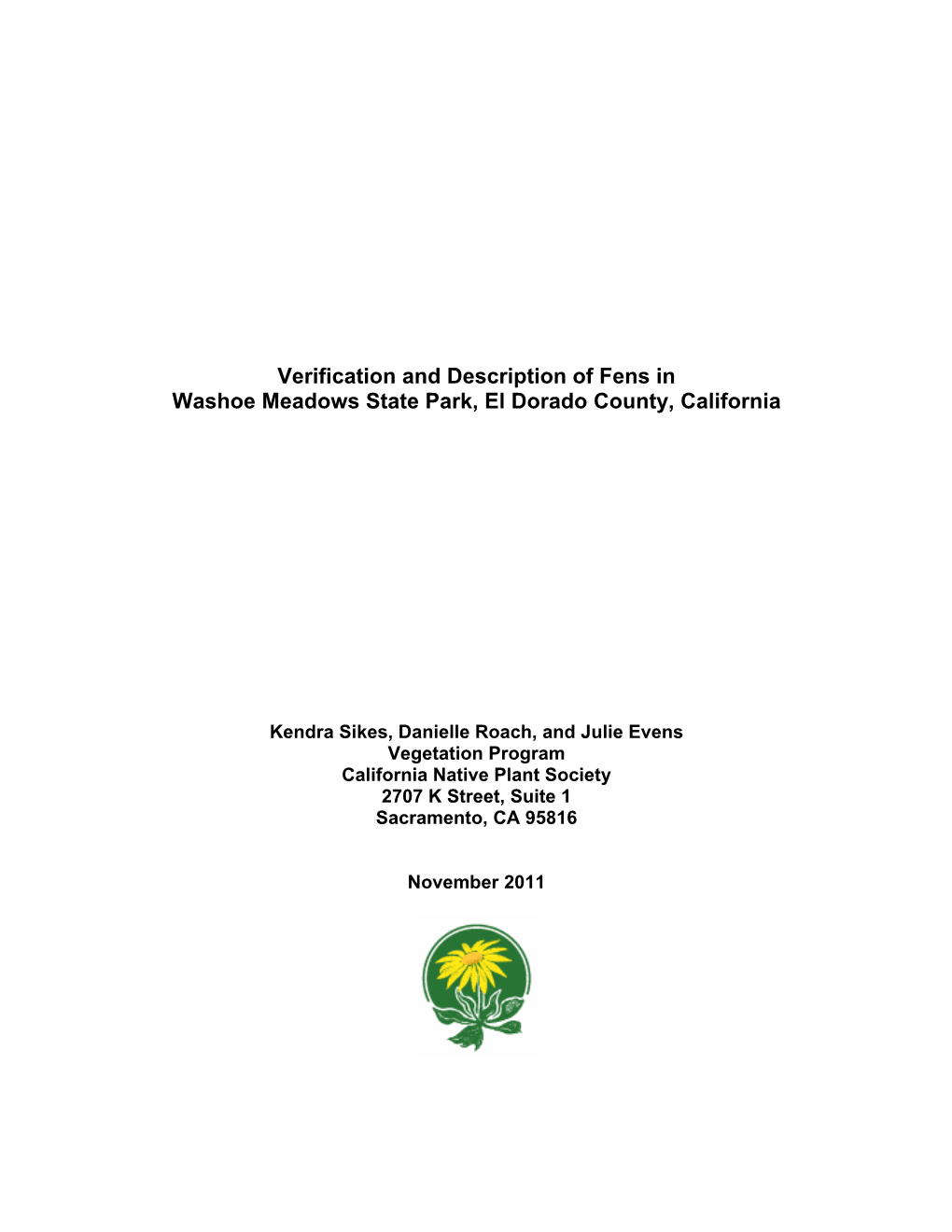 Verification and Description of Fens in Washoe Meadows State Park, El Dorado County, California