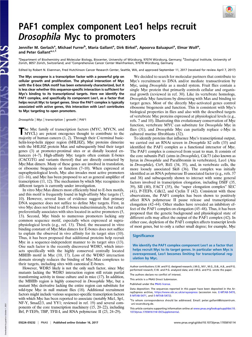 PAF1 Complex Component Leo1 Helps Recruit Drosophila Myc to Promoters