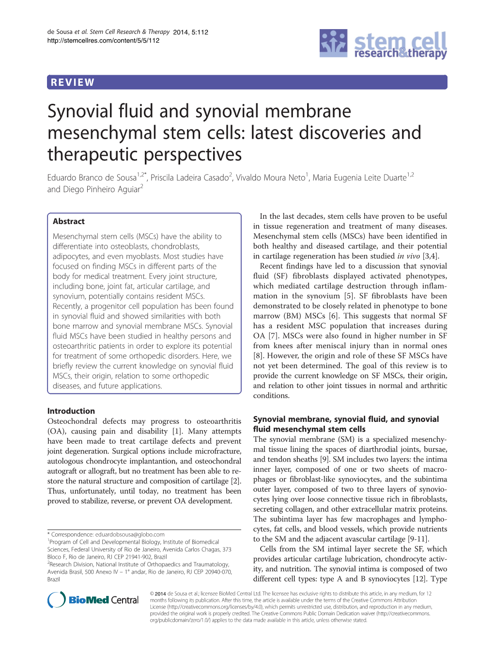 Synovial Fluid and Synovial Membrane Mesenchymal Stem Cells