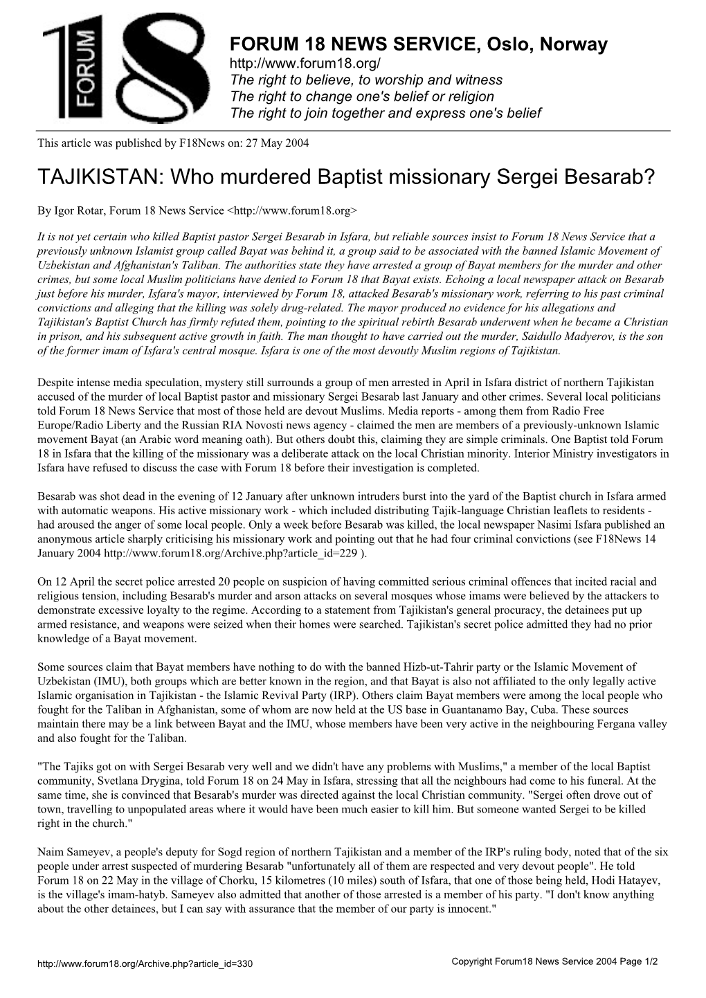TAJIKISTAN: Who Murdered Baptist Missionary Sergei Besarab?
