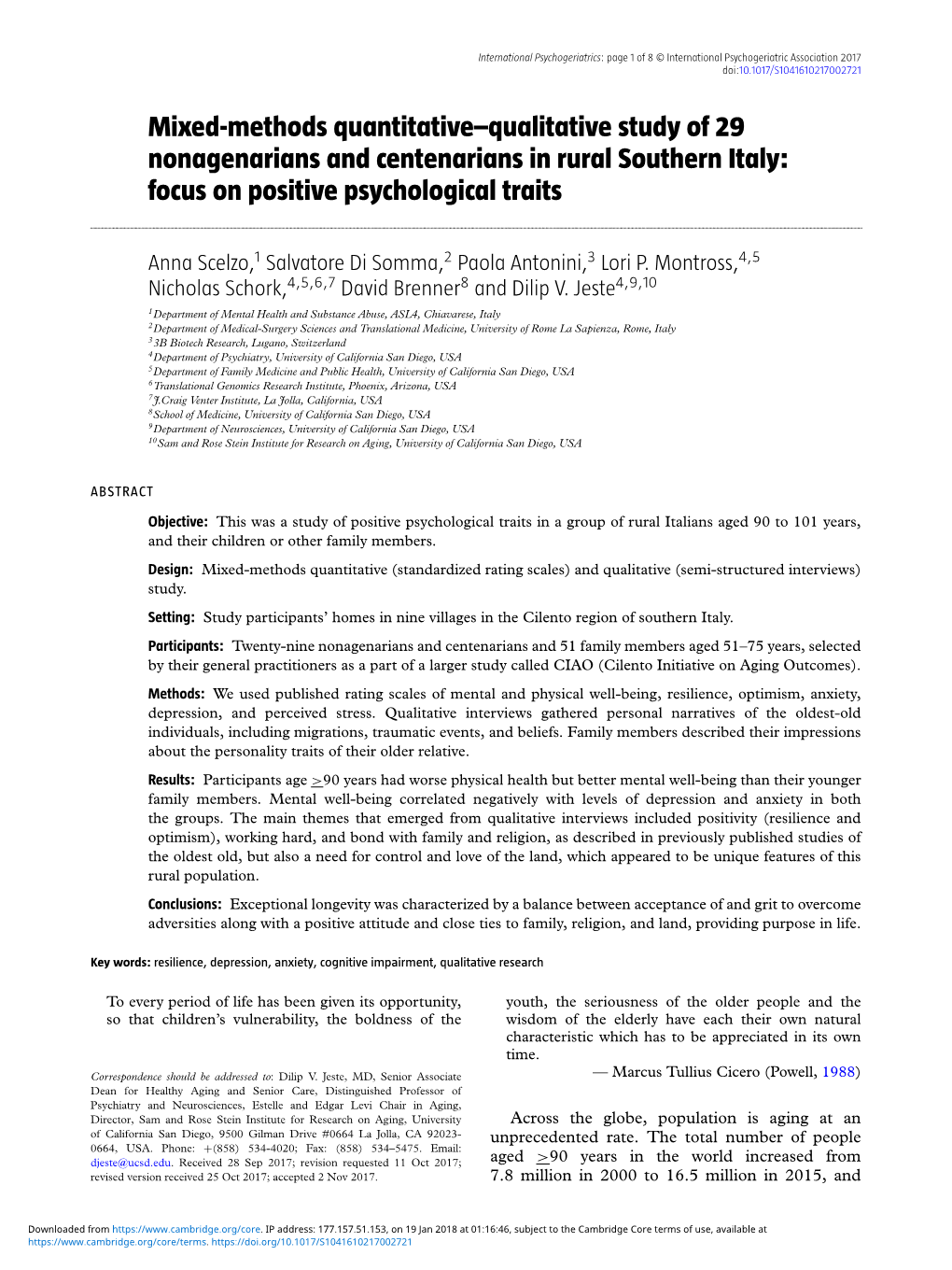 Mixed-Methods Quantitative–Qualitative Study of 29 Nonagenarians and Centenarians in Rural Southern Italy: Focus on Positive Psychological Traits