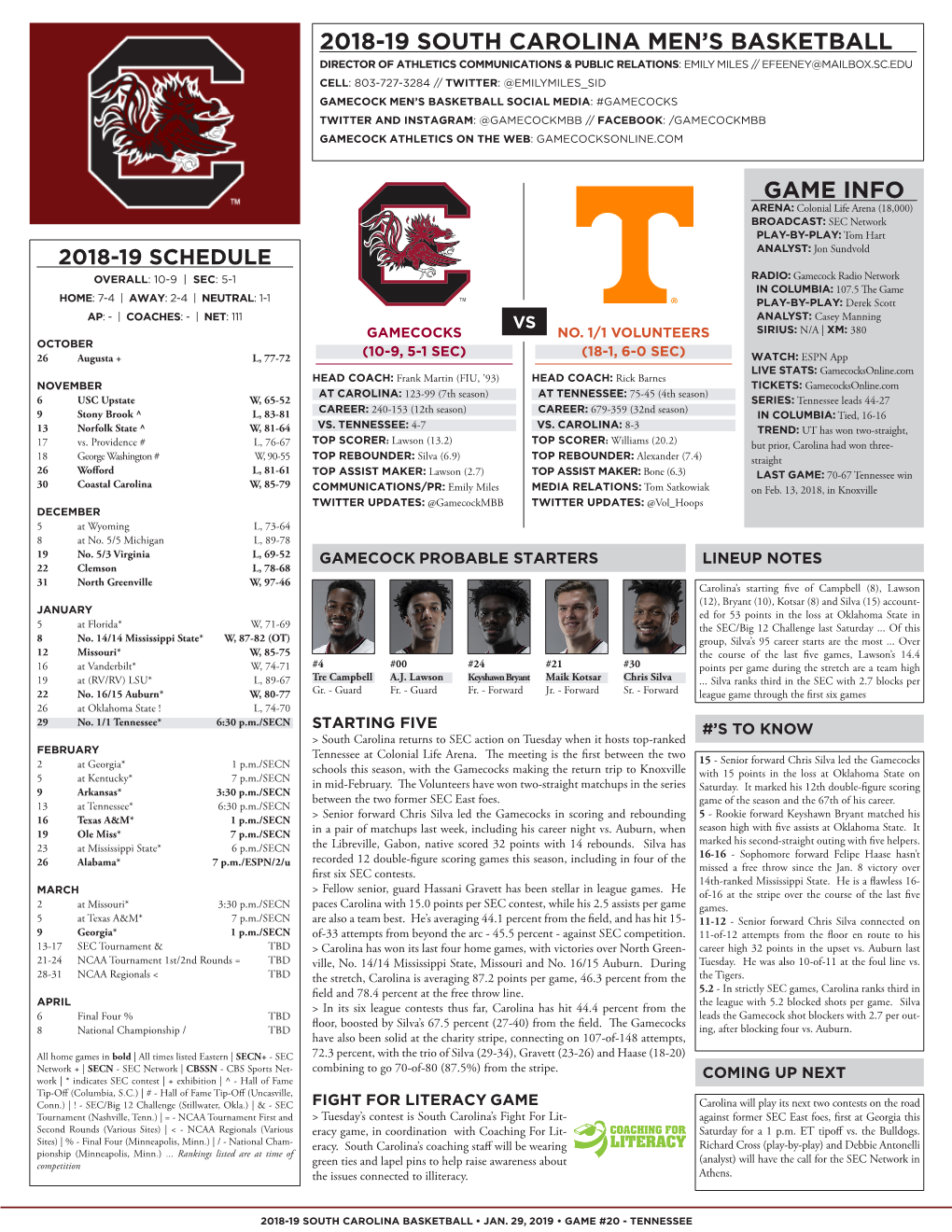 Game Info 2018-19 South Carolina Men's Basketball