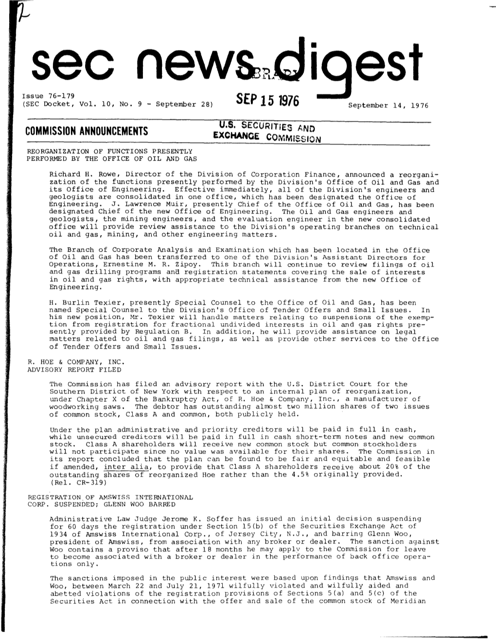 SEC News Digest, 09-14-1976