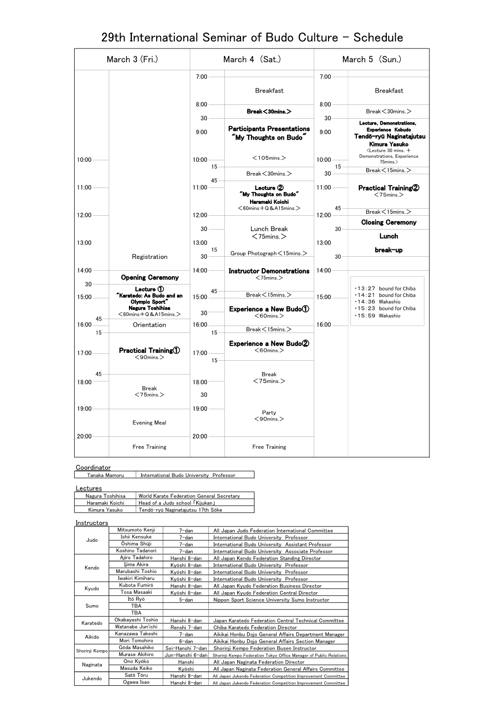 29Th International Seminar of Budo Culture - Schedule