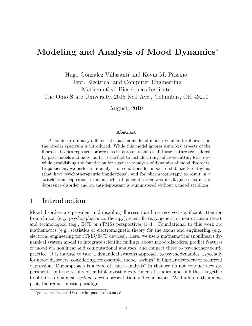 Modeling and Analysis of Mood Dynamics∗