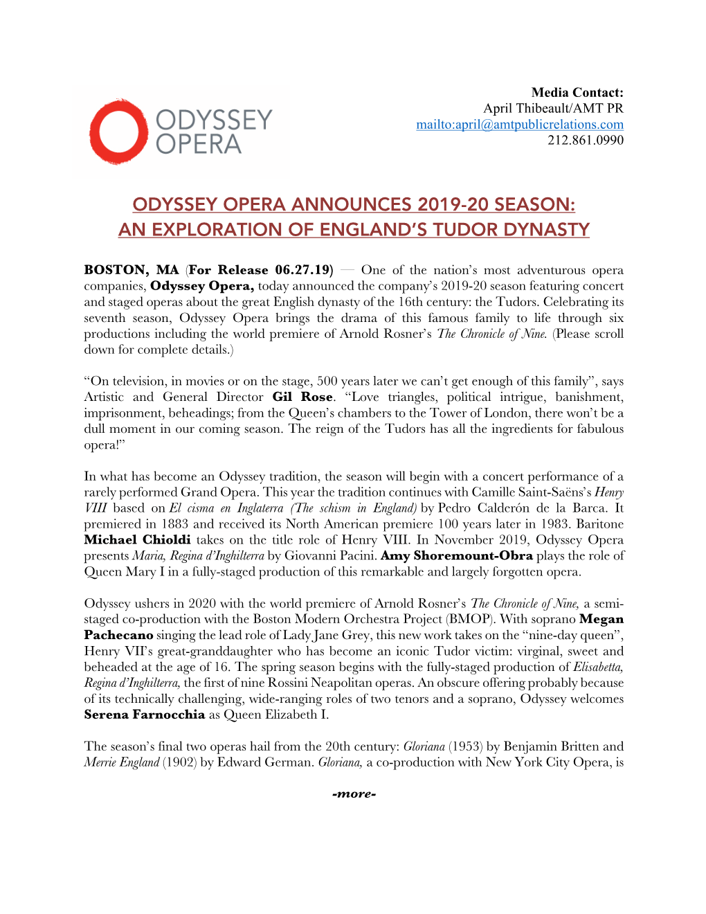 Odyssey Opera Announces 2019-20 Season: an Exploration of England’S Tudor Dynasty