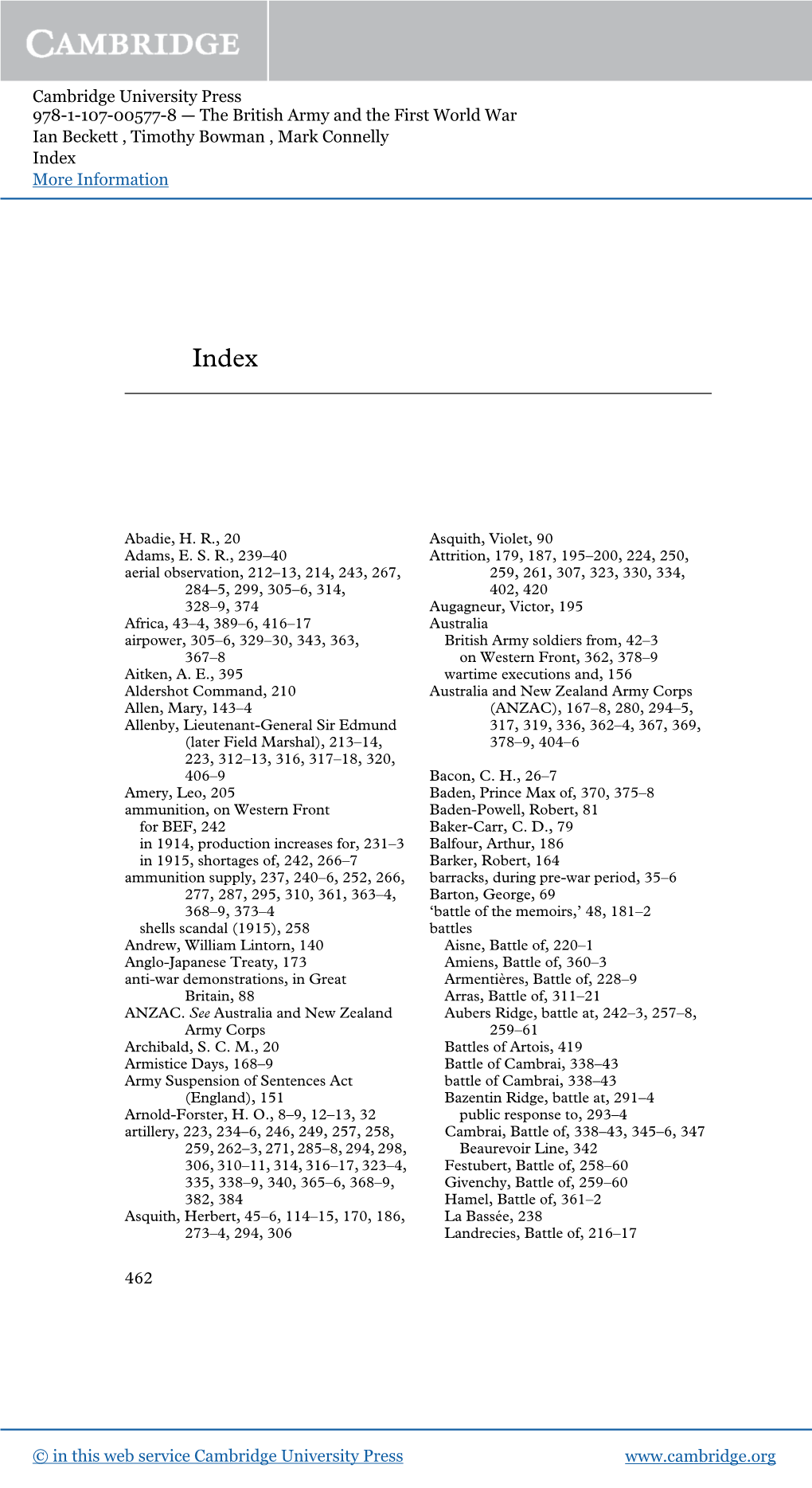 Cambridge University Press 978-1-107-00577-8 — the British Army and the First World War Ian Beckett , Timothy Bowman , Mark Connelly Index More Information