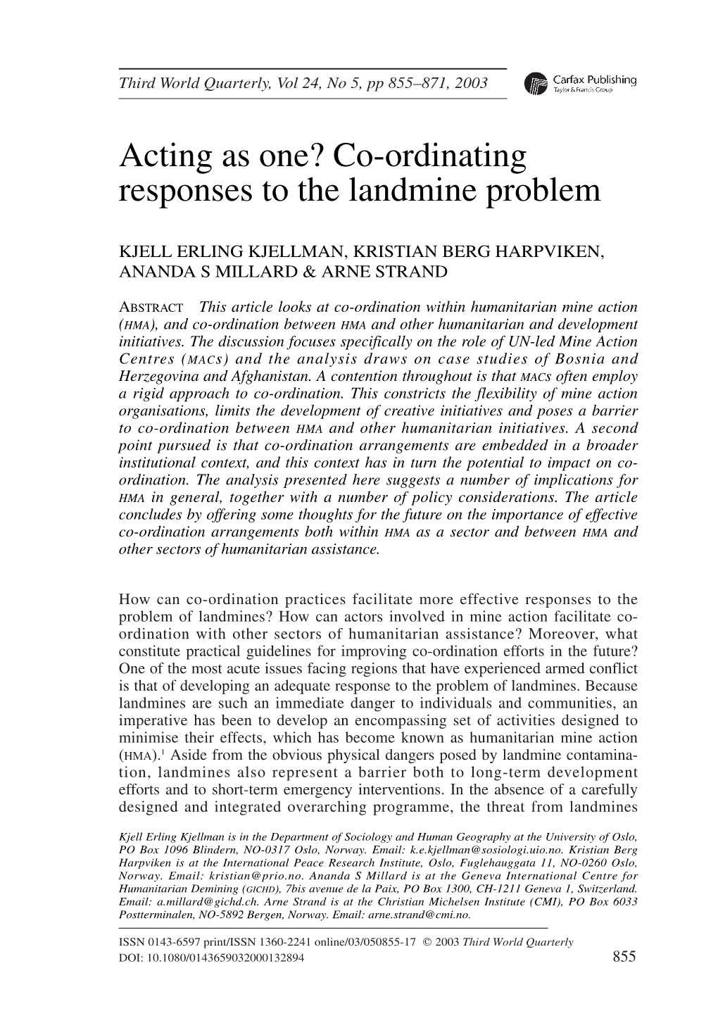 Acting As One? Co-Ordinating Responses to the Landmine Problem