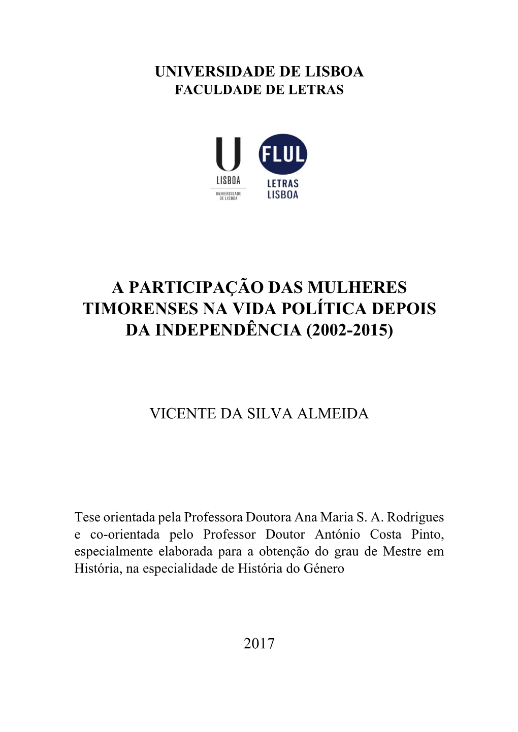 A Participação Das Mulheres Timorenses Na Vida Política Depois Da Independência (2002-2015)