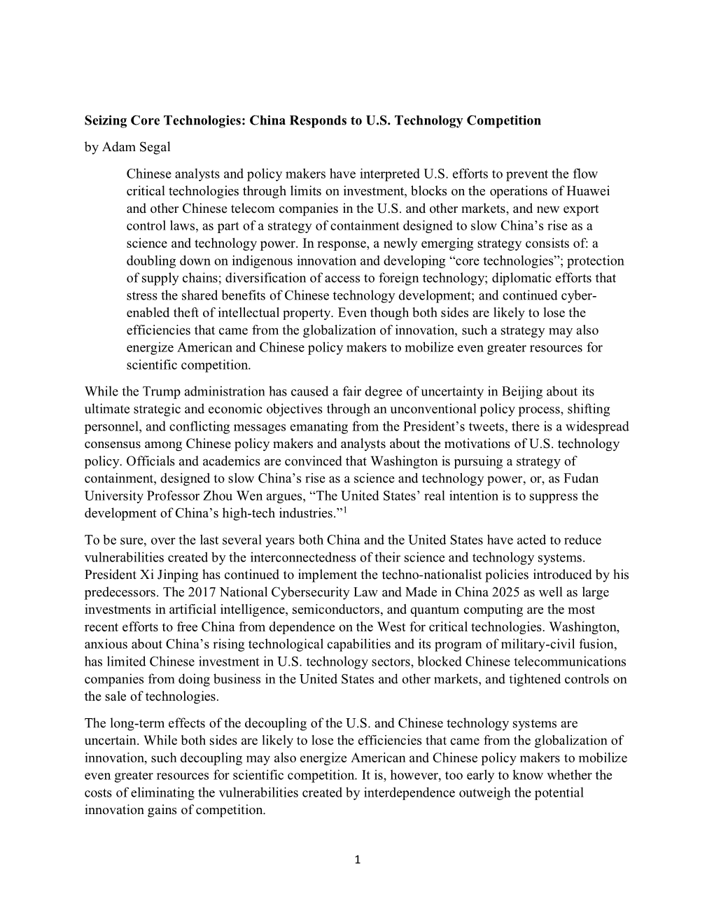 Seizing Core Technologies: China Responds to U.S