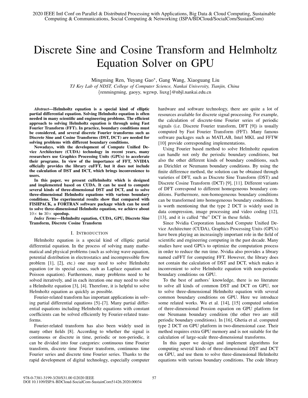 Discrete Sine and Cosine Transform and Helmholtz Equation Solver on GPU