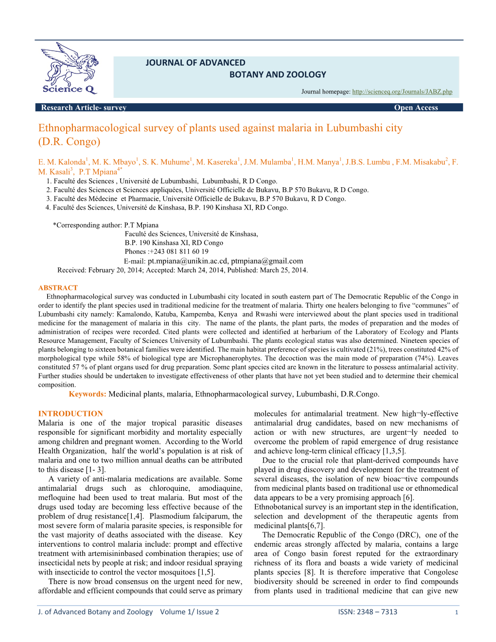 Ethnopharmacological Survey of Plants Used Against Malaria in Lubumbashi City (D.R