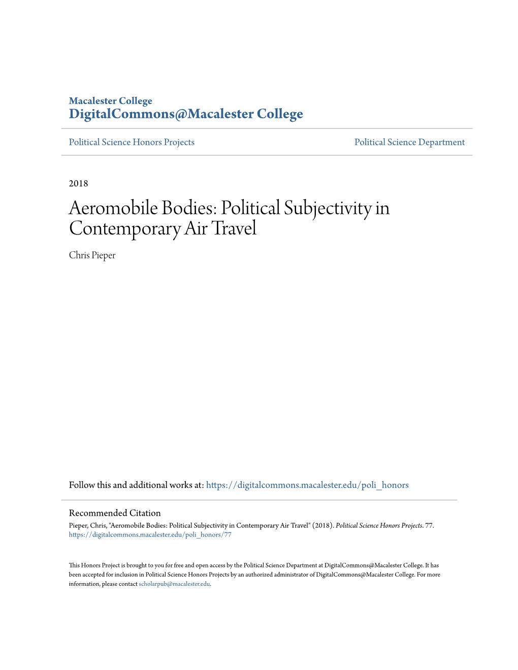 Aeromobile Bodies: Political Subjectivity in Contemporary Air Travel Chris Pieper