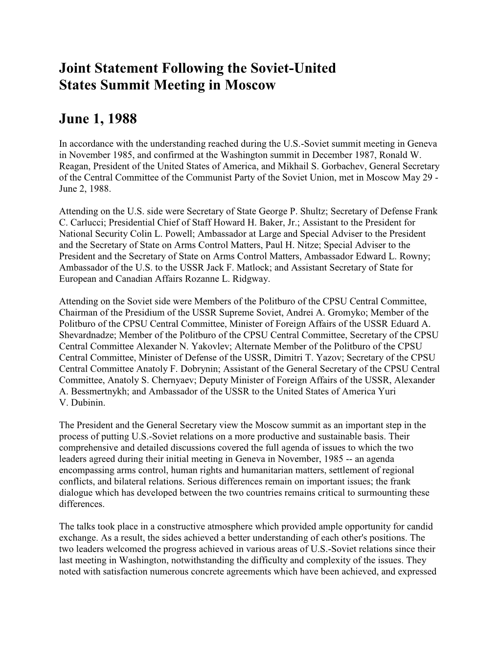 Joint Statement Following the Soviet-United States Summit Meeting in Moscow June 1, 1988