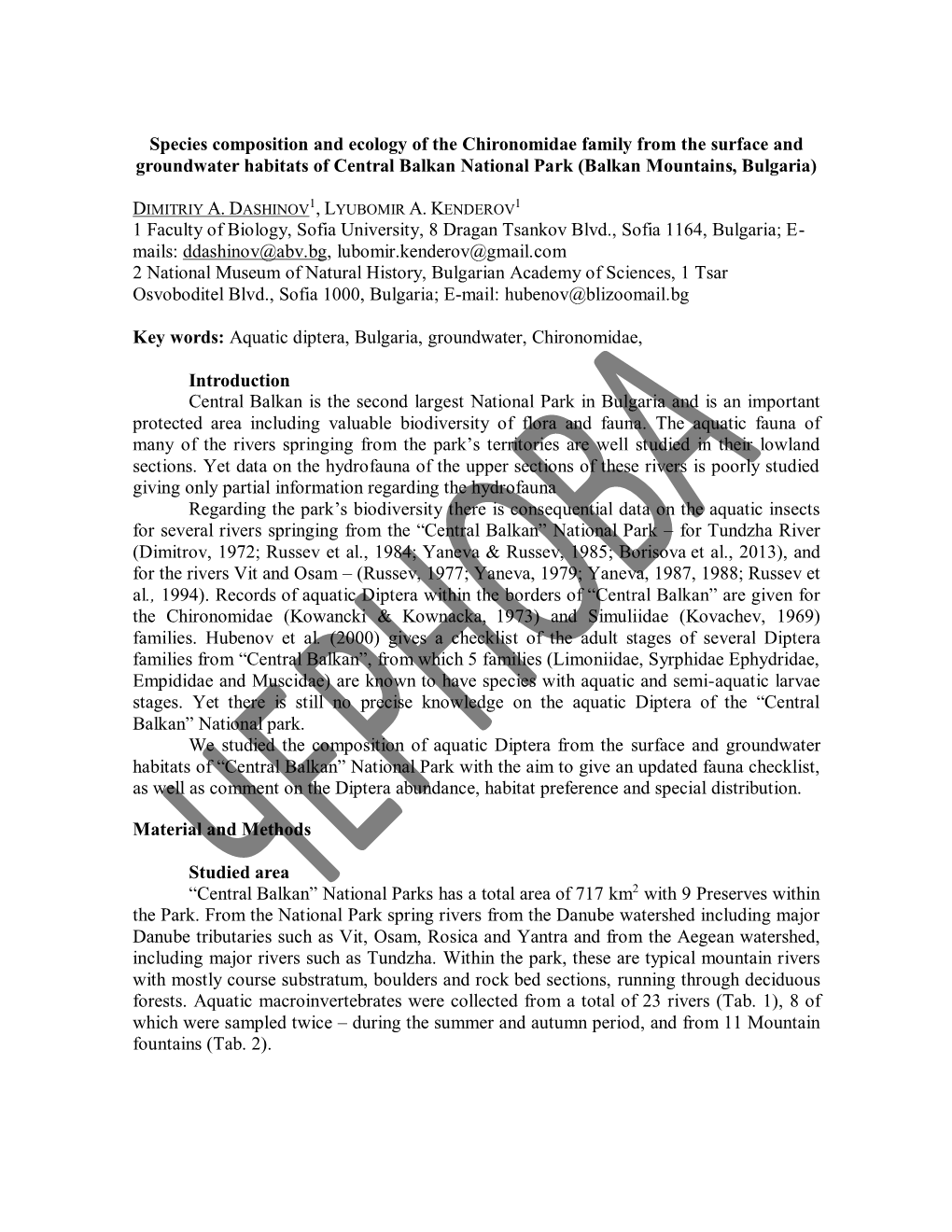 Species Composition and Ecology of the Chironomidae Family from the Surface and Groundwater Habitats of Central Balkan National Park (Balkan Mountains, Bulgaria)