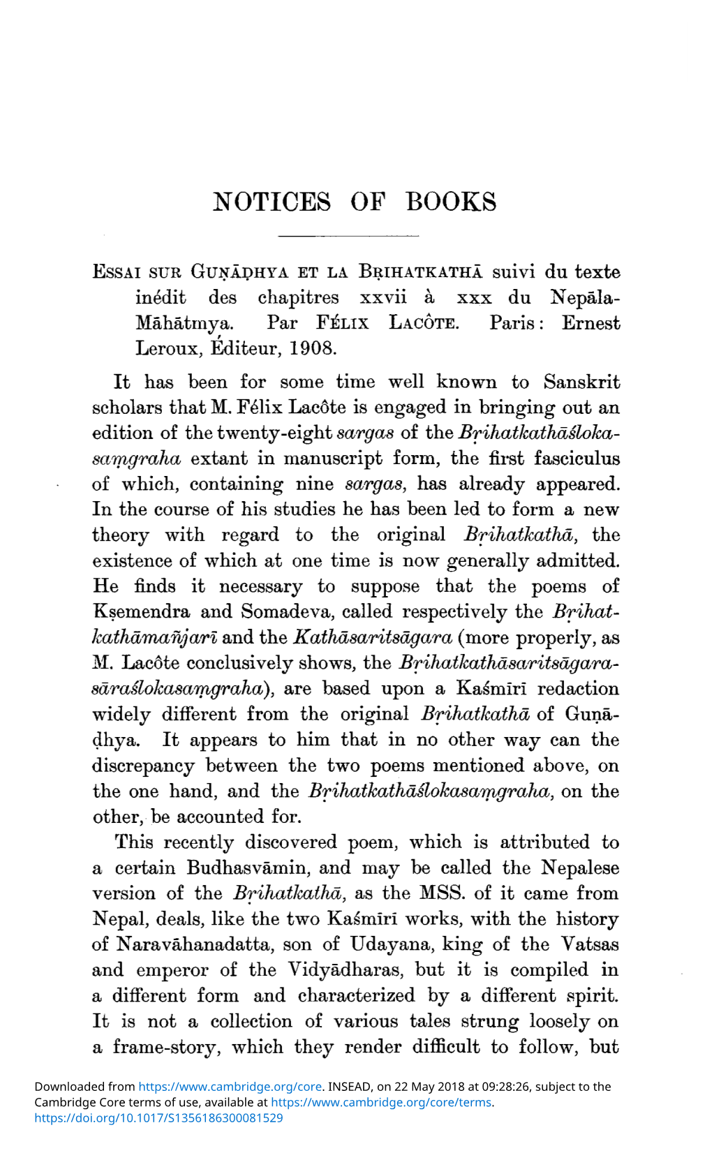 Essai Sur Guṇāḍhya Et La Bṛihatkathā Suivi Du Texte Inédit Des Chapitres Xxvii À Xxx Du Nepāla-Māhātmya. Par Félix