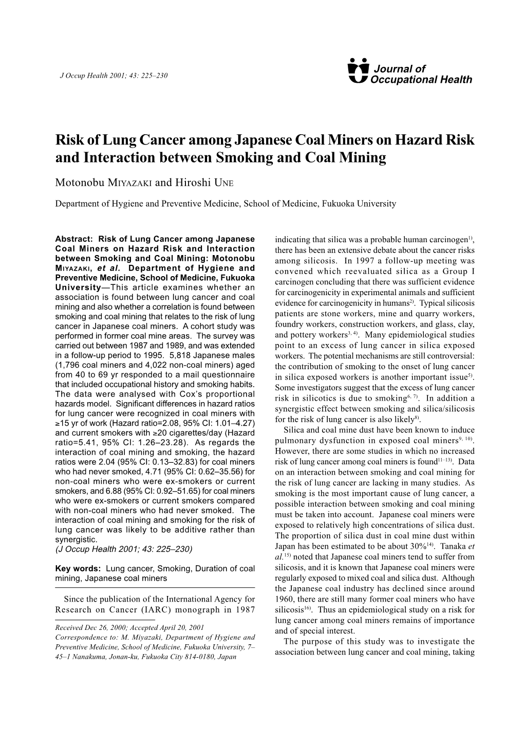 Risk of Lung Cancer Among Japanese Coal Miners on Hazard Risk and Interaction Between Smoking and Coal Mining