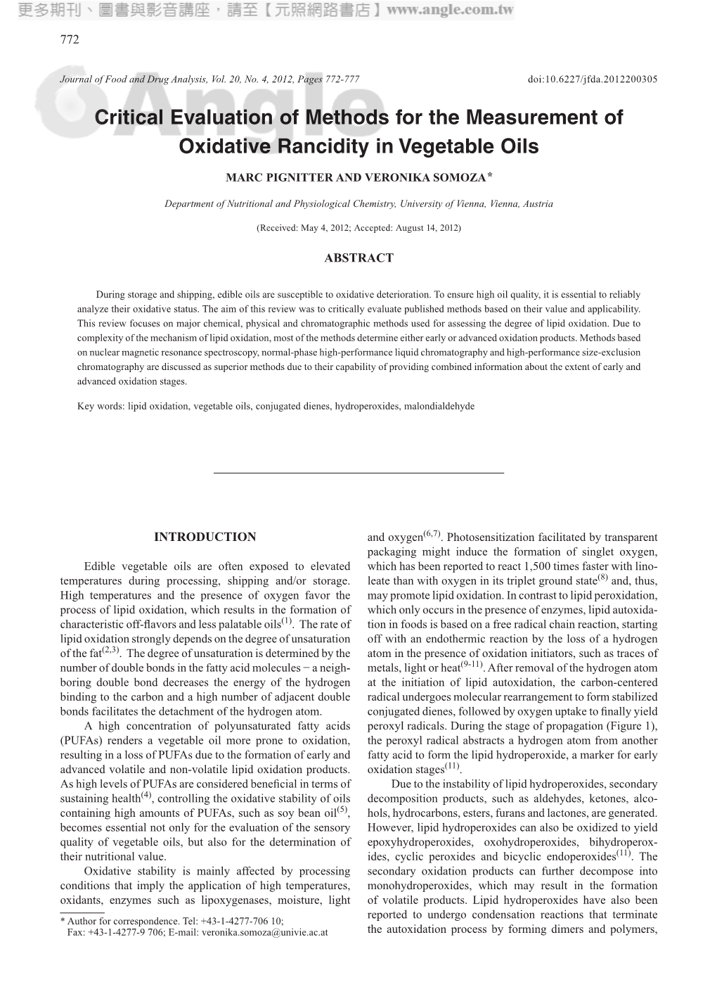 Critical Evaluation of Methods for the Measurement of Oxidative Rancidity in Vegetable Oils