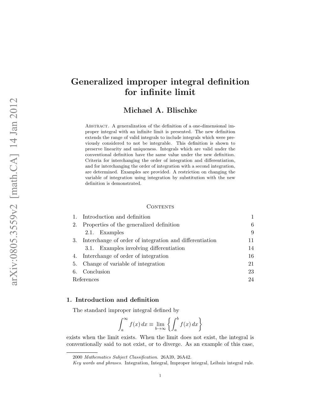 Generalized Improper Integral Definition for Infinite Limit 3