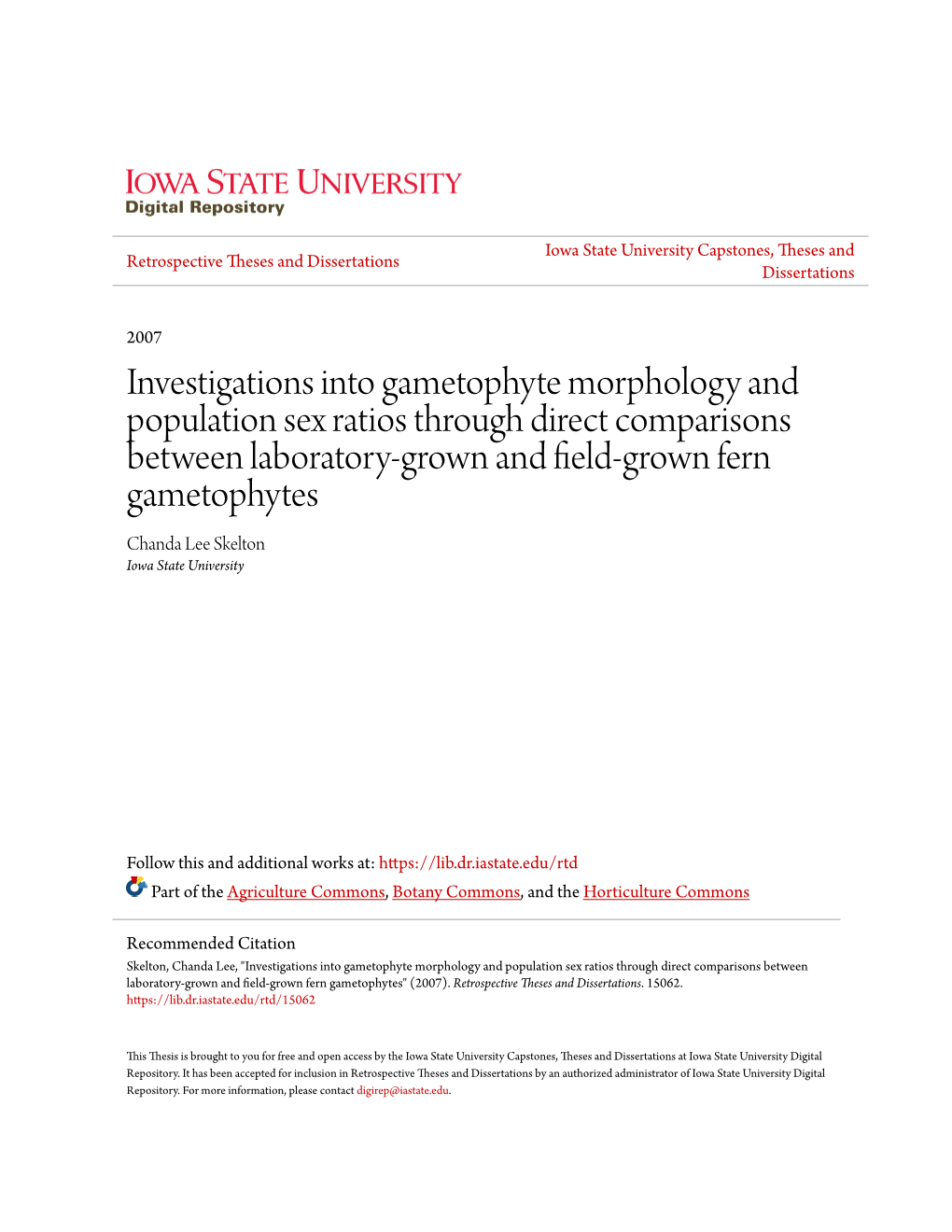 Investigations Into Gametophyte Morphology and Population Sex