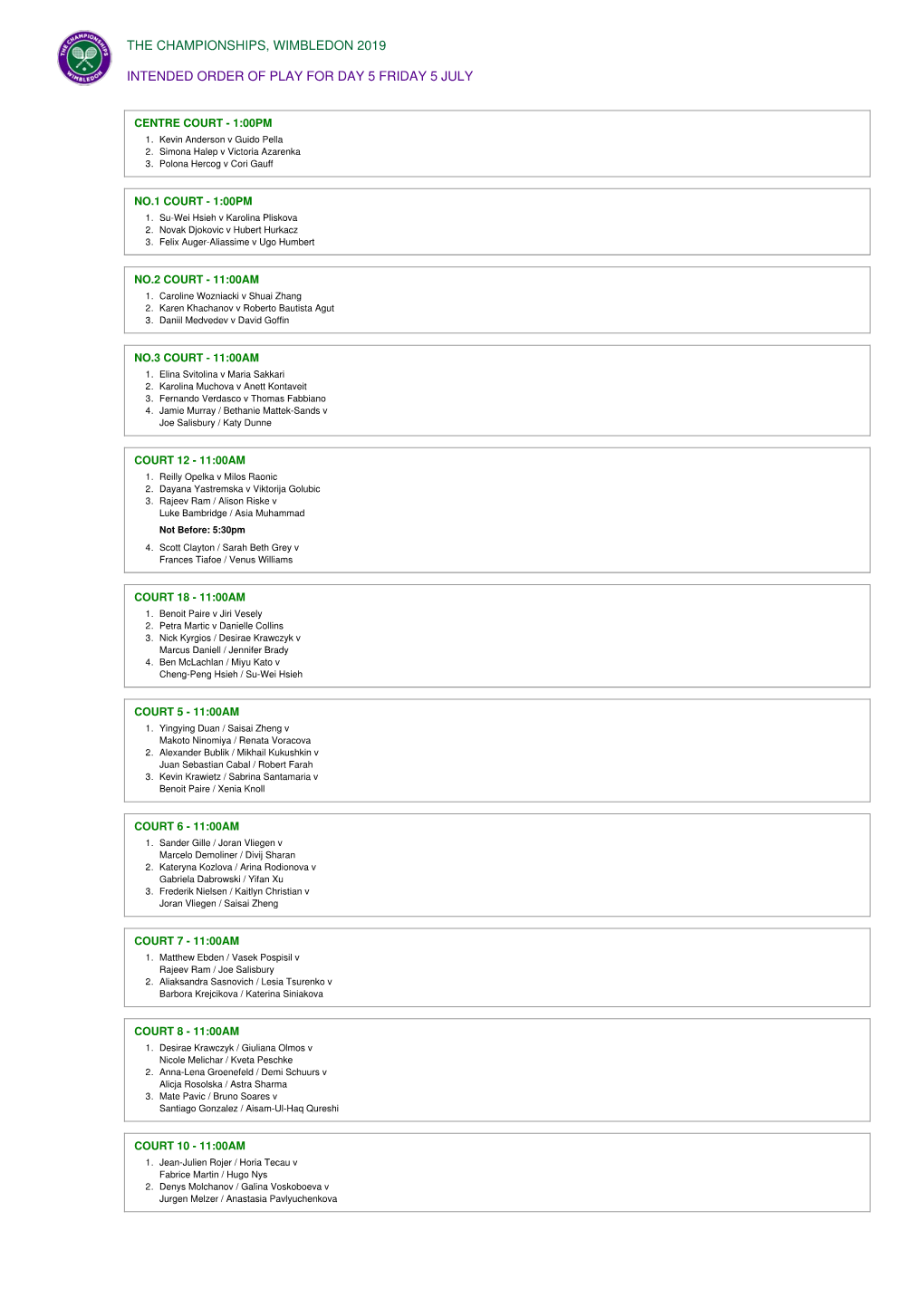 The Championships, Wimbledon 2019 Intended Order Of