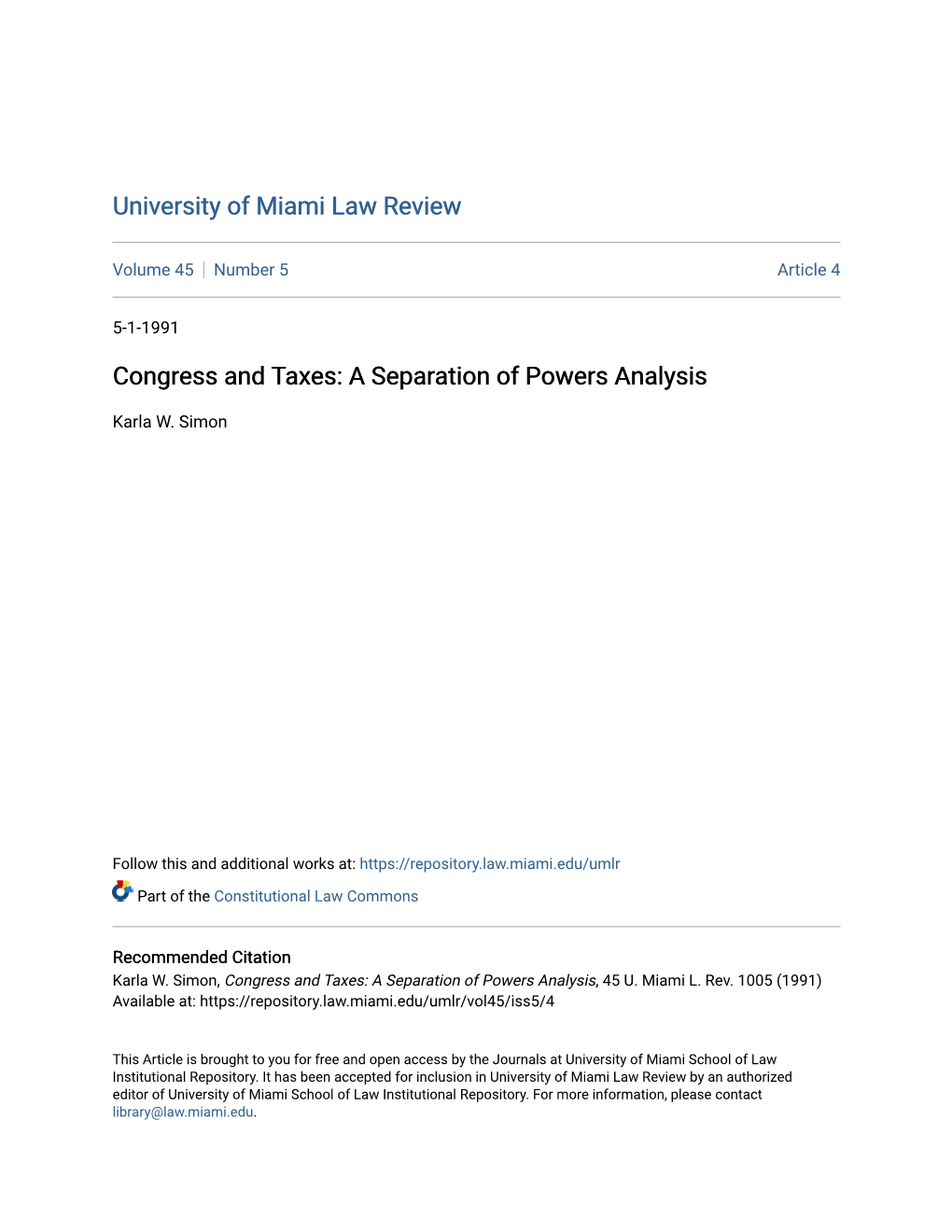 Congress and Taxes: a Separation of Powers Analysis