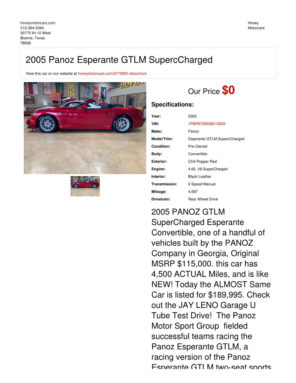 2005 Panoz Esperante GTLM Superccharged | Boerne, Texas
