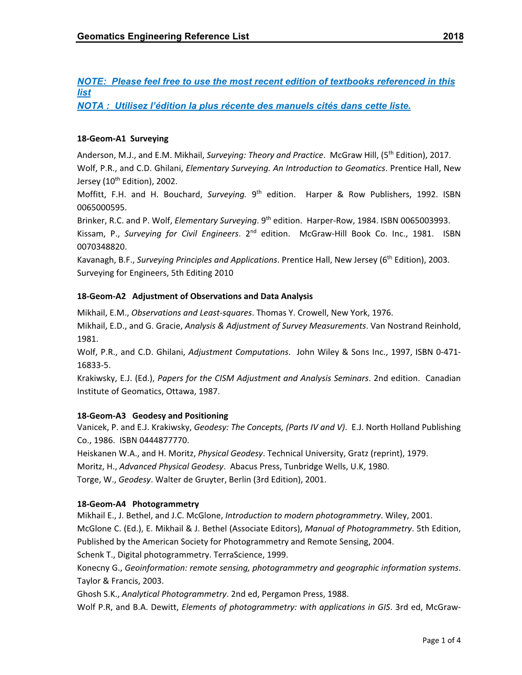 Geomatics Engineering Reference List 2018 NOTE