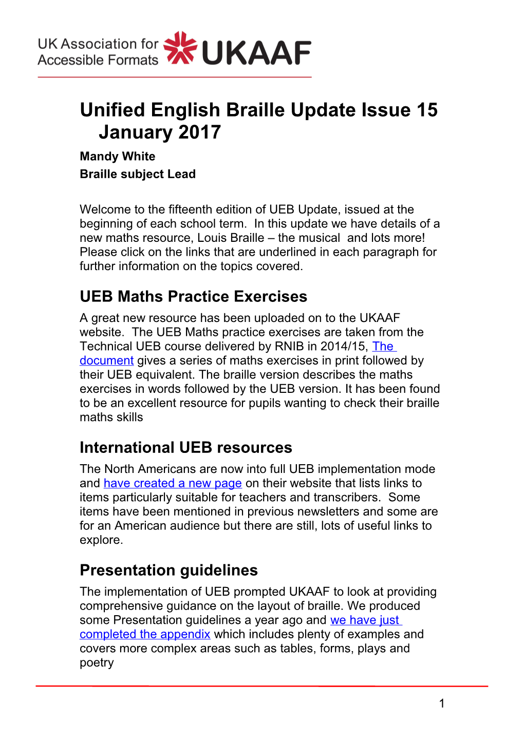 Unified English Braille Update Issue 15 January 2017